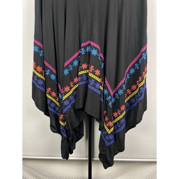 Azel Hazel Black Colorful‎ Embroidered Handkerchief Hem Elastic Waist Skirt Sz L - Picture 4 of 8